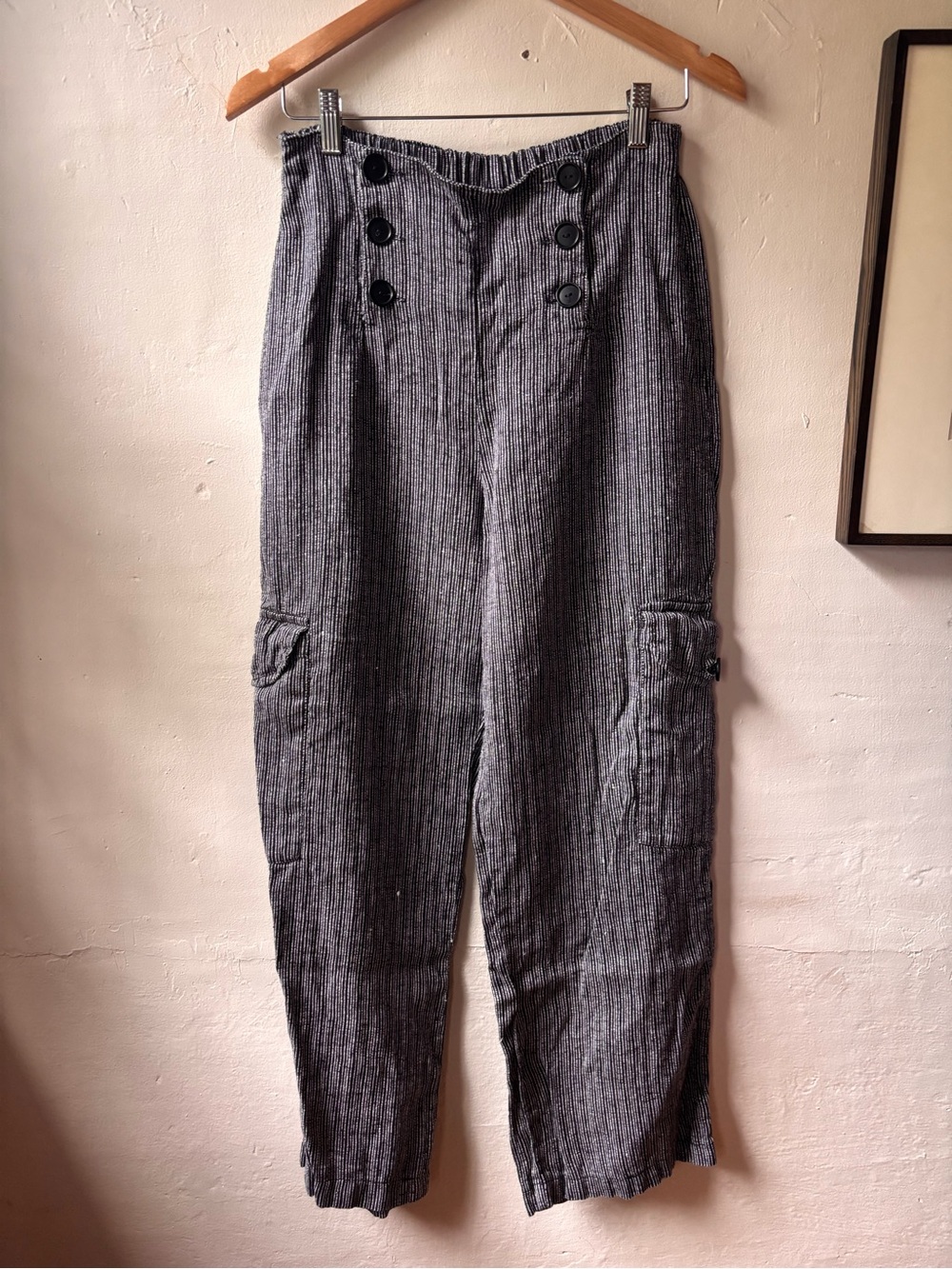 FLAX Linen Pants in Black and White Stripe with Sailor Buttons and Cargo Pockets